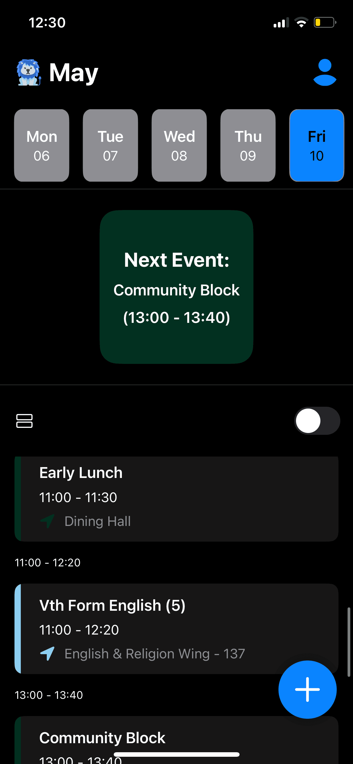Sample Schedule Page of the Lion Link App